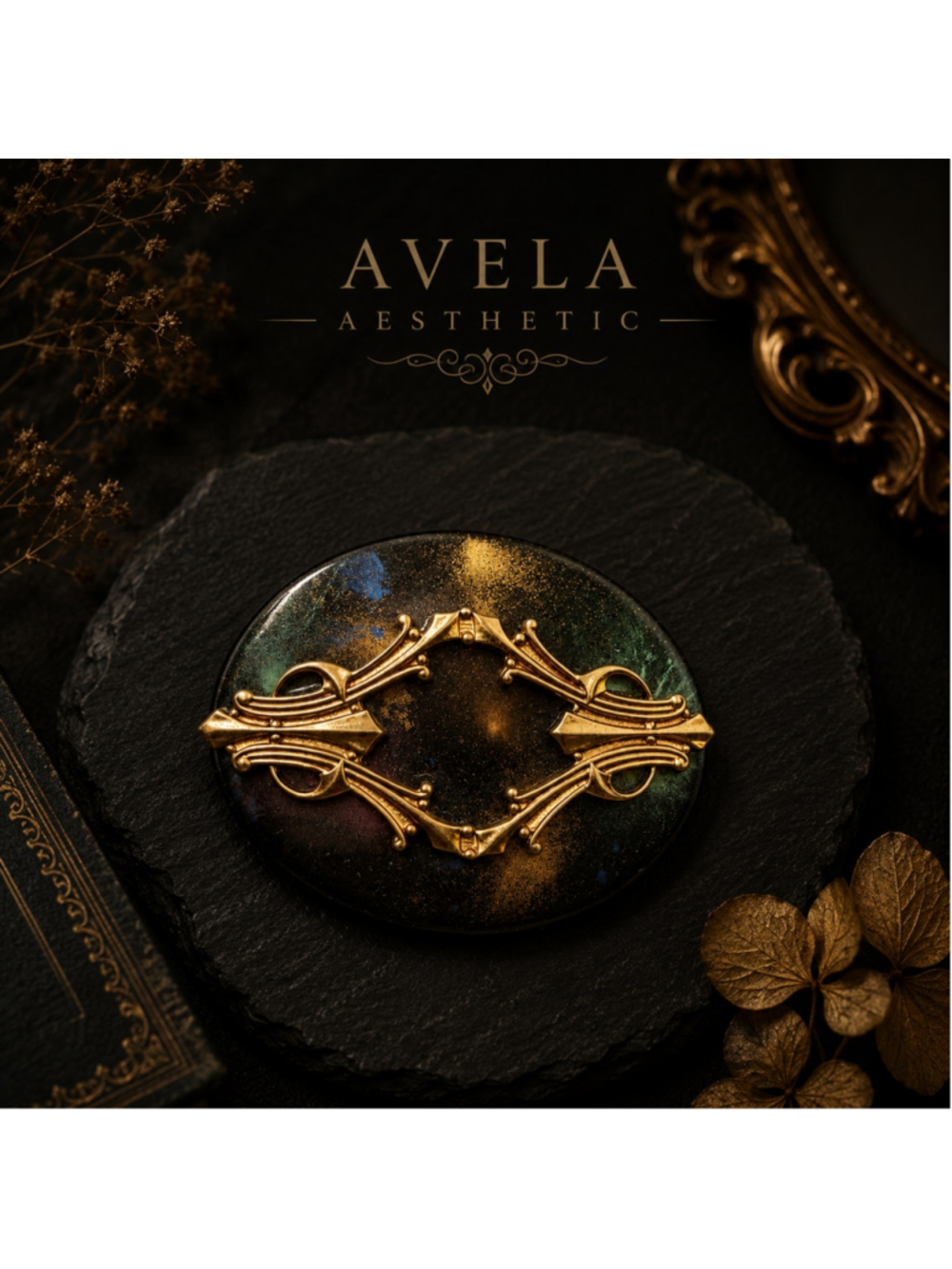 Vintage Art Nouveau Style Oval Brooch Black Iridescent Lucite Gold Tone